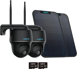 REOLINK Argus PT-B 2 Pack Bundle - Solar Security Camera Outdoor Includes Solar Panel & SD Card (128GB), 5MP Nigh Vision, Pan Tilt, No Hub Needed, Rechargeable Battery, 2-Way Talk, Smart Detection