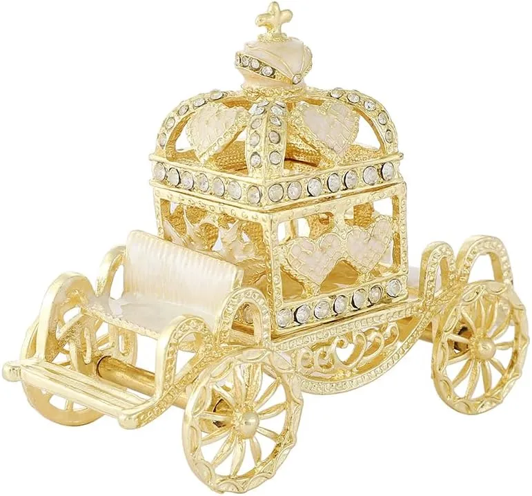 Retro Hollow out Carriage Trinket Box Small Jewelry Boxes Hand-Painted Mother's Day Gift for Women(White)