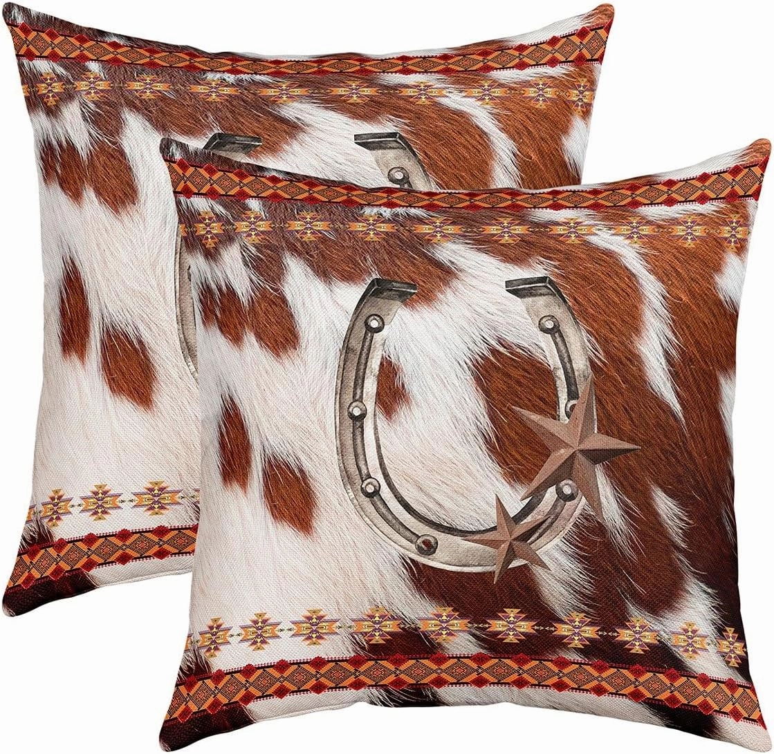 Retro Horseshoe Pillow Cover,Highland Cattle Cowhide Double Sides Print Pillowcase Soft Square Cushion Case,Western Cowboy Boho Aztec Tribal Throw Pillow Covers 2 Pack,20"x 20"