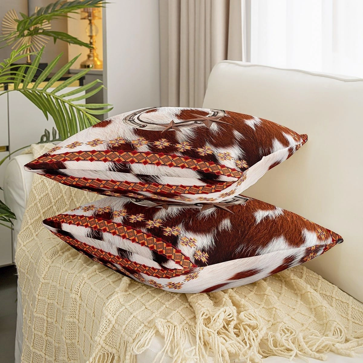 Retro Horseshoe Pillow Cover,Highland Cattle Cowhide Double Sides Print Pillowcase Soft Square Cushion Case,Western Cowboy Boho Aztec Tribal Throw Pillow Covers 2 Pack,20"x 20"