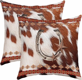 Retro Horseshoe Pillow Cover,Highland Cattle Cowhide Double Sides Print Pillowcase Soft Square Cushion Case,Western Cowboy Boho Aztec Tribal Throw Pillow Covers 2 Pack,20"x 20"
