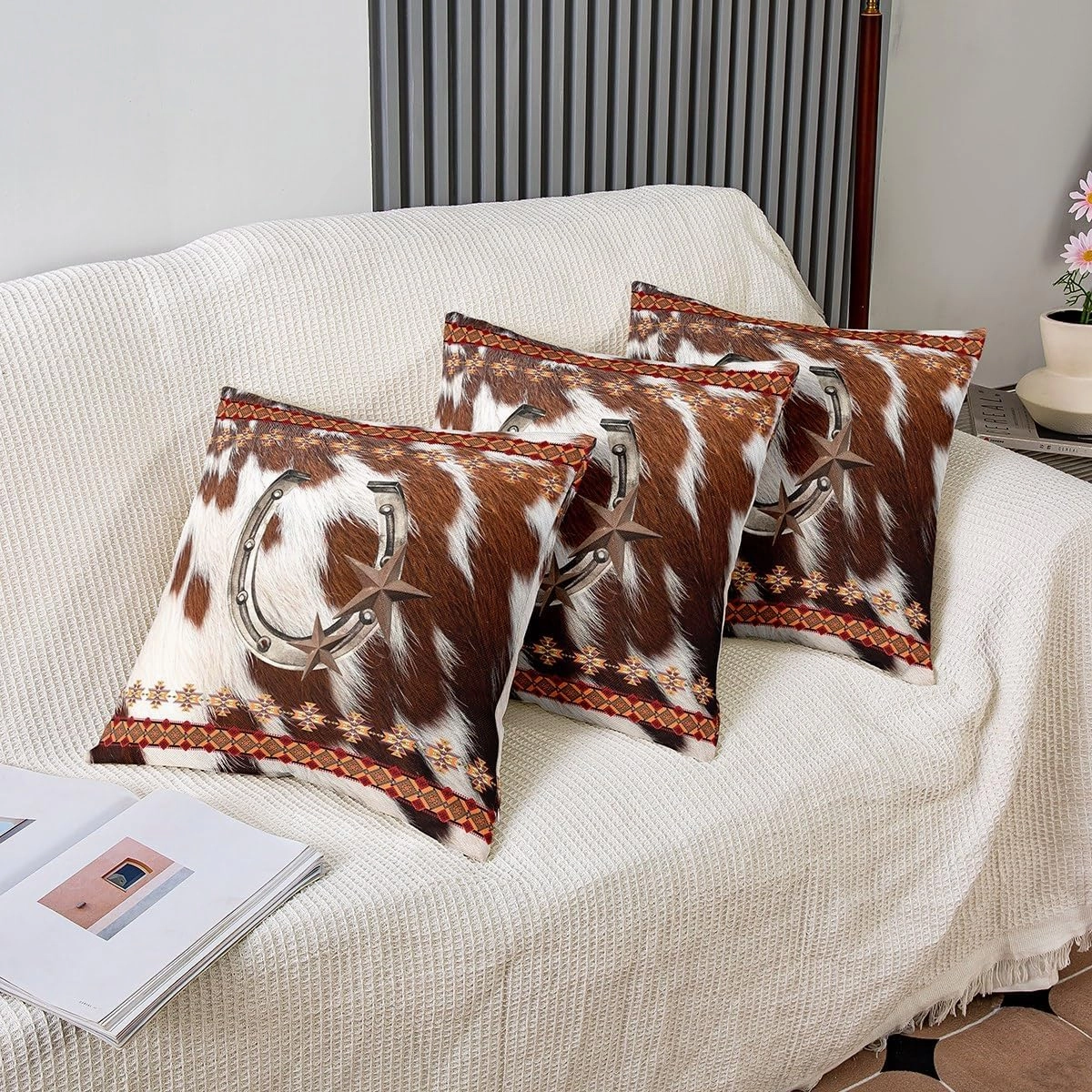 Retro Horseshoe Pillow Cover,Highland Cattle Cowhide Double Sides Print Pillowcase Soft Square Cushion Case,Western Cowboy Boho Aztec Tribal Throw Pillow Covers 2 Pack,20"x 20"