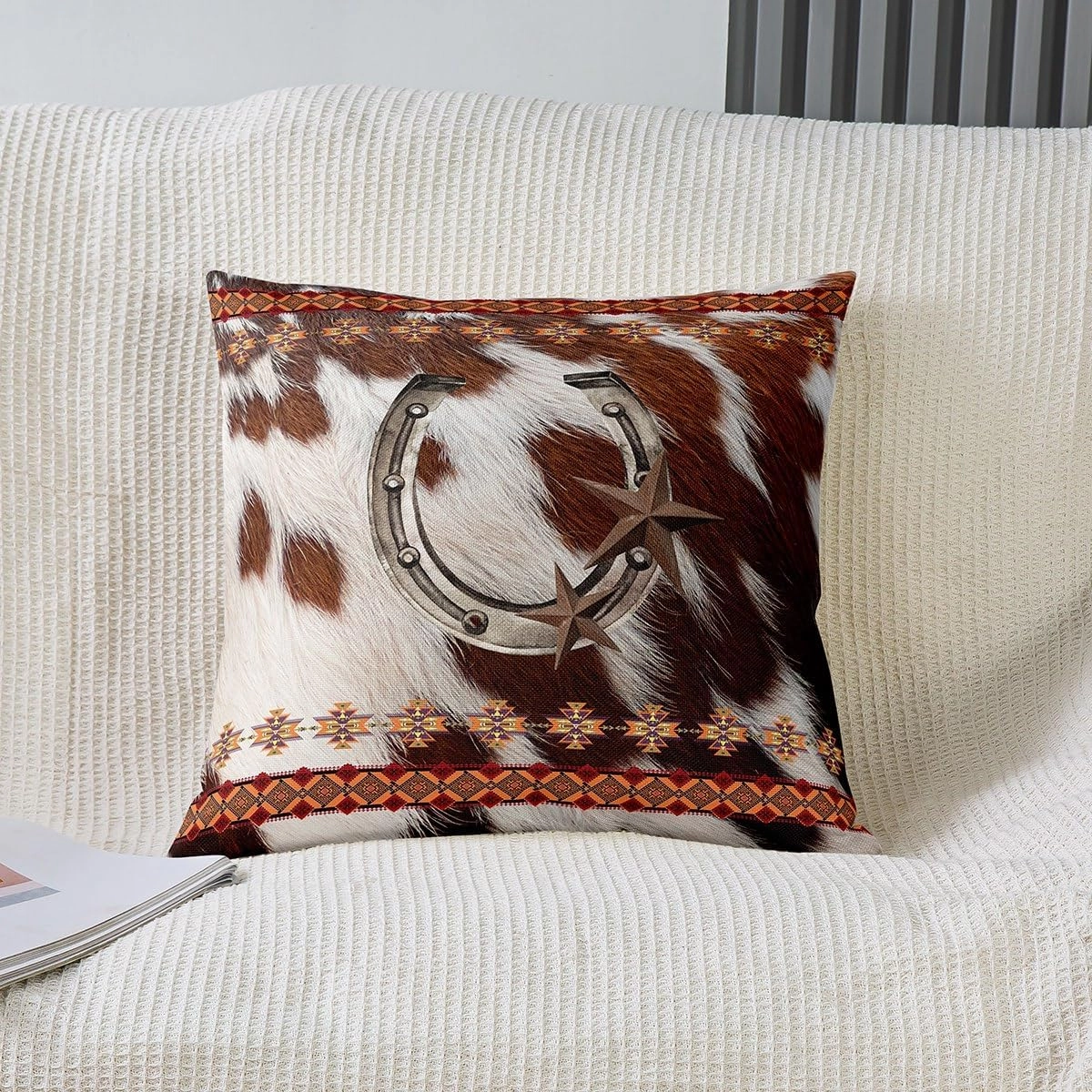 Retro Horseshoe Pillow Cover,Highland Cattle Cowhide Double Sides Print Pillowcase Soft Square Cushion Case,Western Cowboy Boho Aztec Tribal Throw Pillow Covers 2 Pack,20"x 20"