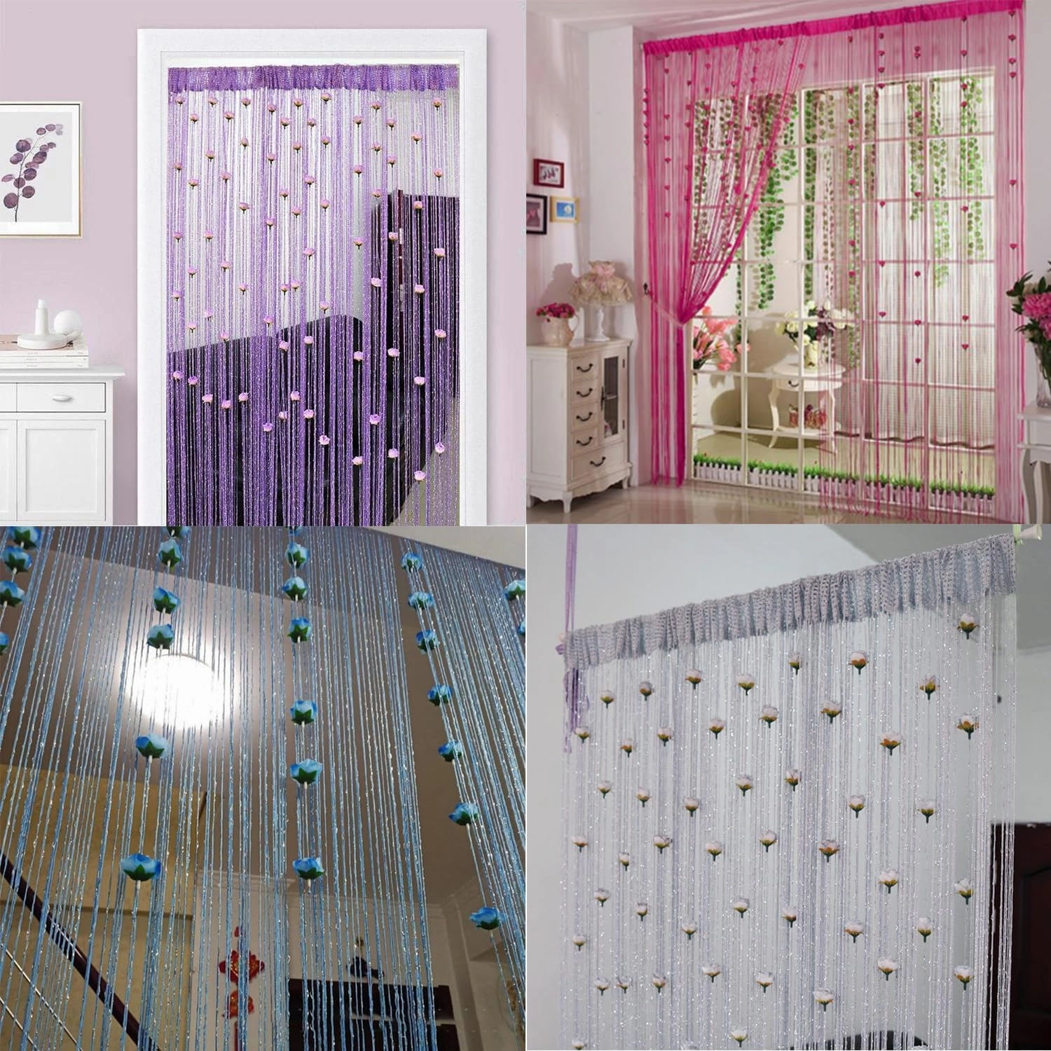 RJDJ Rose Thread Door Curtain, String With Roses for Window Decoration, Room Divider, Privacy, Doorway - Hanging Tassel for Home Party (Pink)