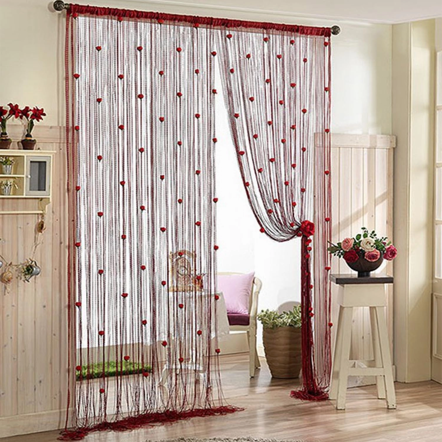RJDJ Rose Thread Door Curtain, String With Roses for Window Decoration, Room Divider, Privacy, Doorway - Hanging Tassel for Home Party (Pink)
