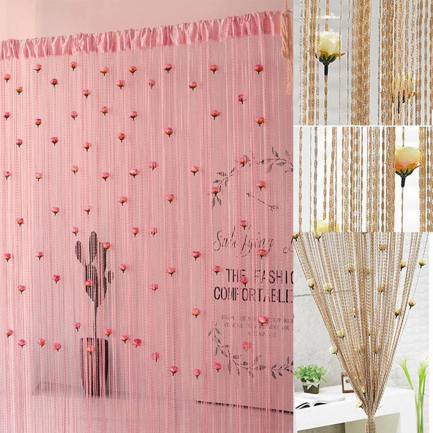 RJDJ Rose Thread Door Curtain, String With Roses for Window Decoration, Room Divider, Privacy, Doorway - Hanging Tassel for Home Party (Pink)