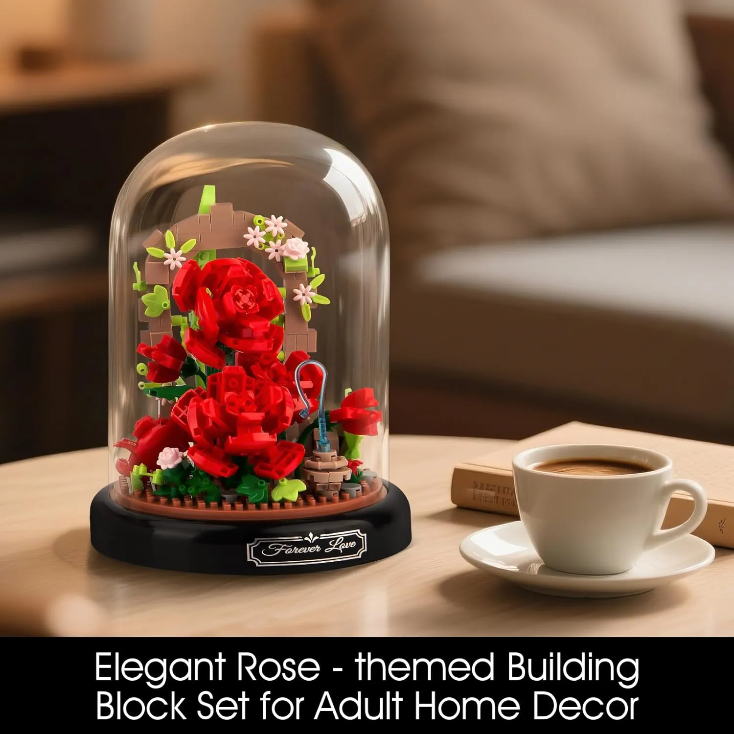 Rose Building Block Set for Adult - 574 Pieces with Base & Transparent Cover, Ideal for Home Decor & Gifting, Resembling Ever - Lasting Flowers