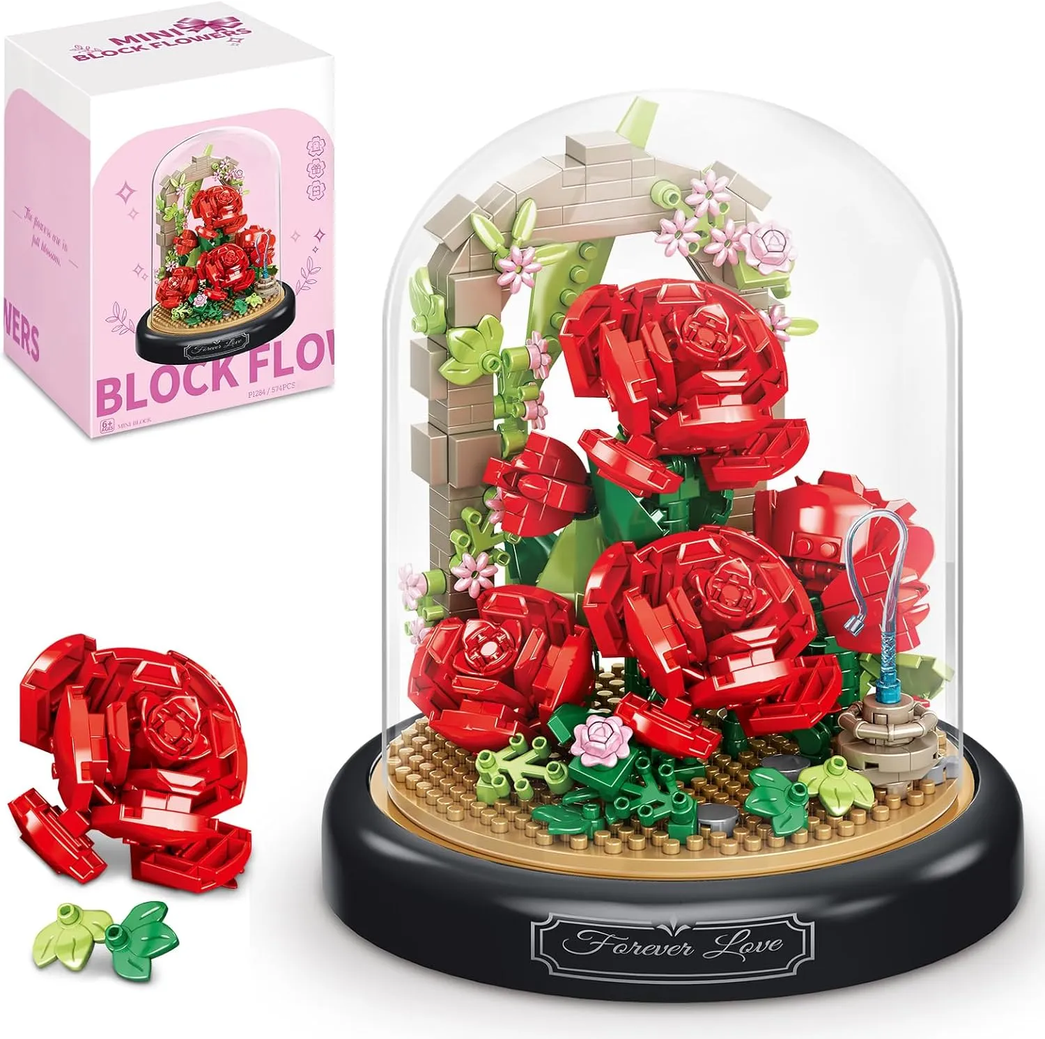 Rose Building Block Set for Adult - 574 Pieces with Base & Transparent Cover, Ideal for Home Decor & Gifting, Resembling Ever - Lasting Flowers