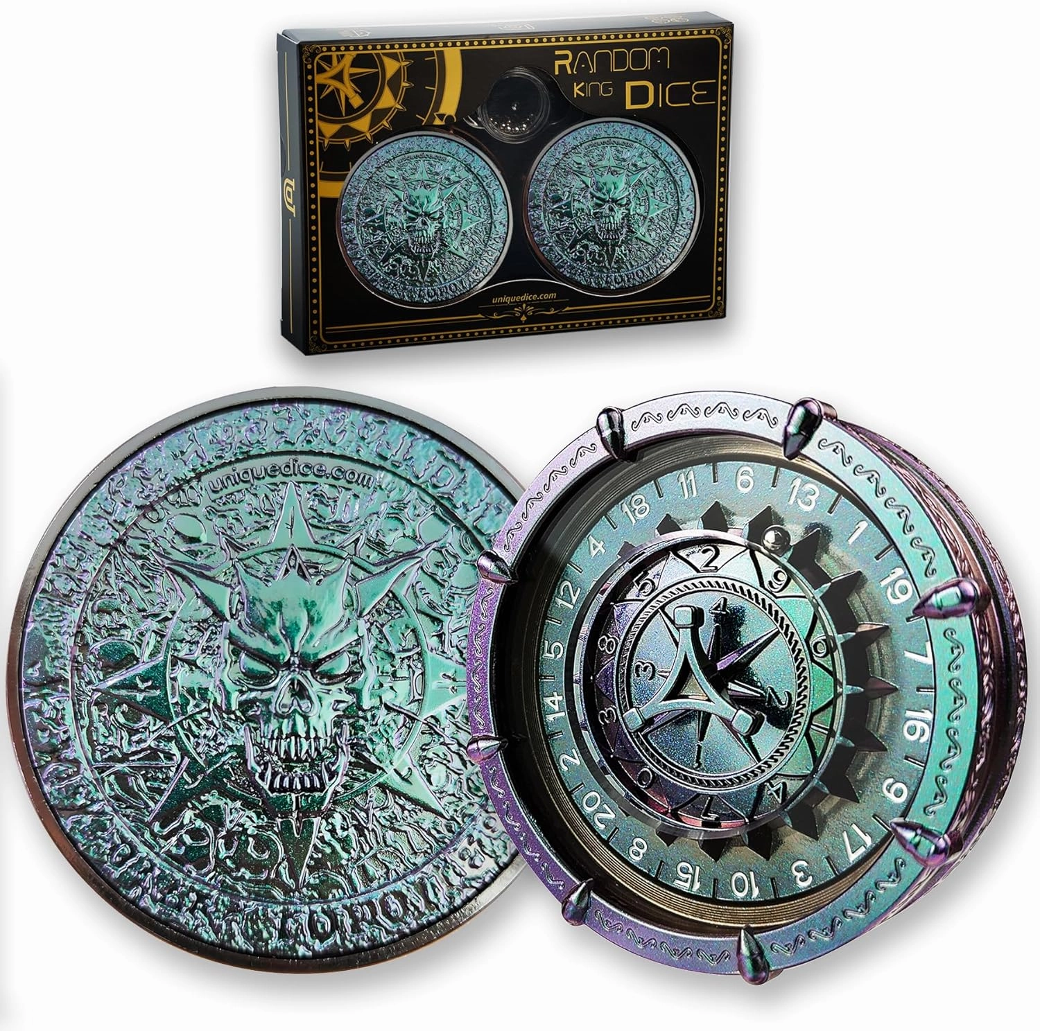 Roulette Dice King Set -1 pair Unique Random Dice Spinner for Dungeons and Dragons d&d Pathfinder DCC Metal wheel 20 Sided Goblin Collection Accessories DM Supplies - Green Purple Blue Black Chameleon