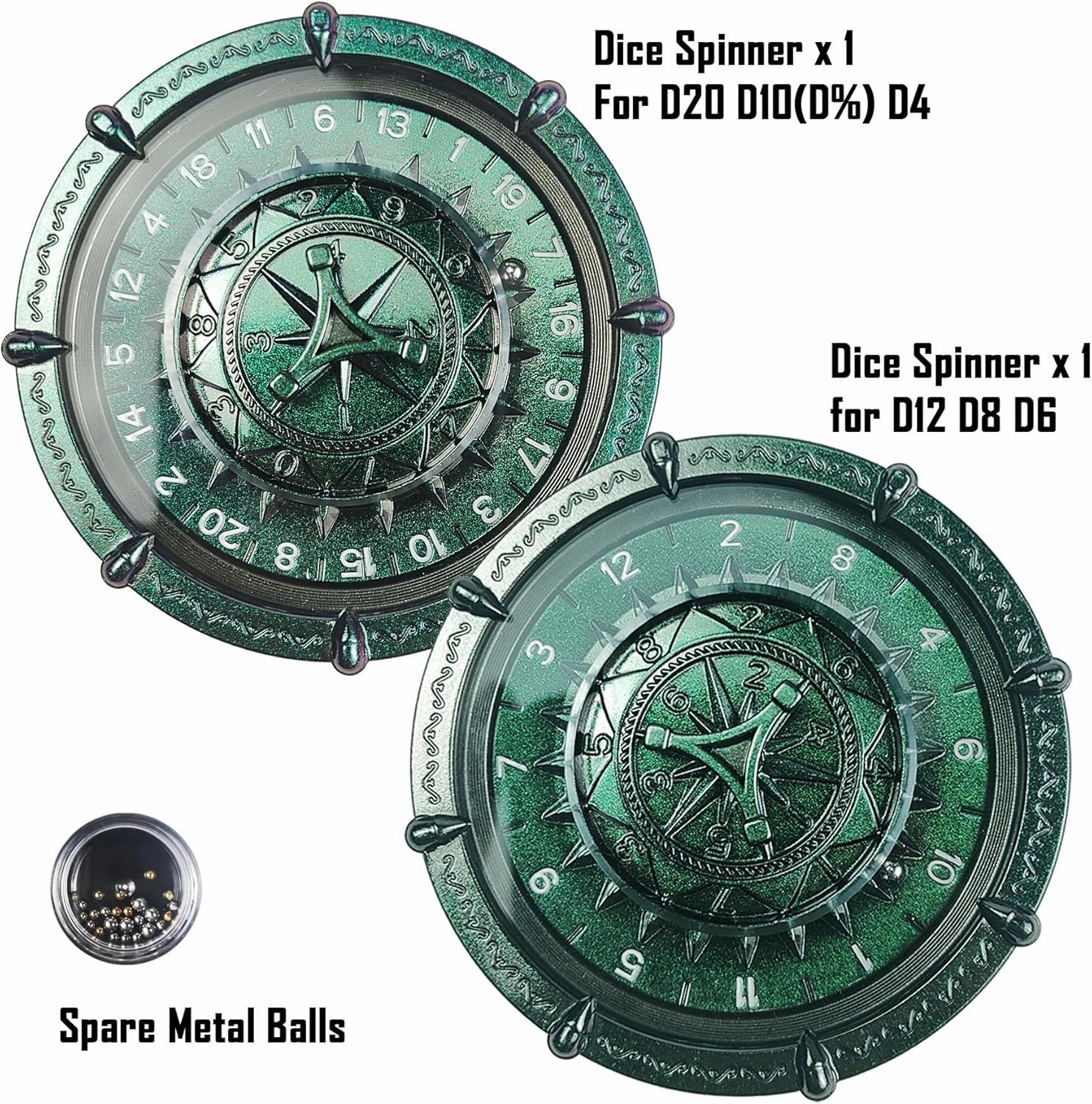 Roulette Dice King Set -1 pair Unique Random Dice Spinner for Dungeons and Dragons d&d Pathfinder DCC Metal wheel 20 Sided Goblin Collection Accessories DM Supplies - Green Purple Blue Black Chameleon