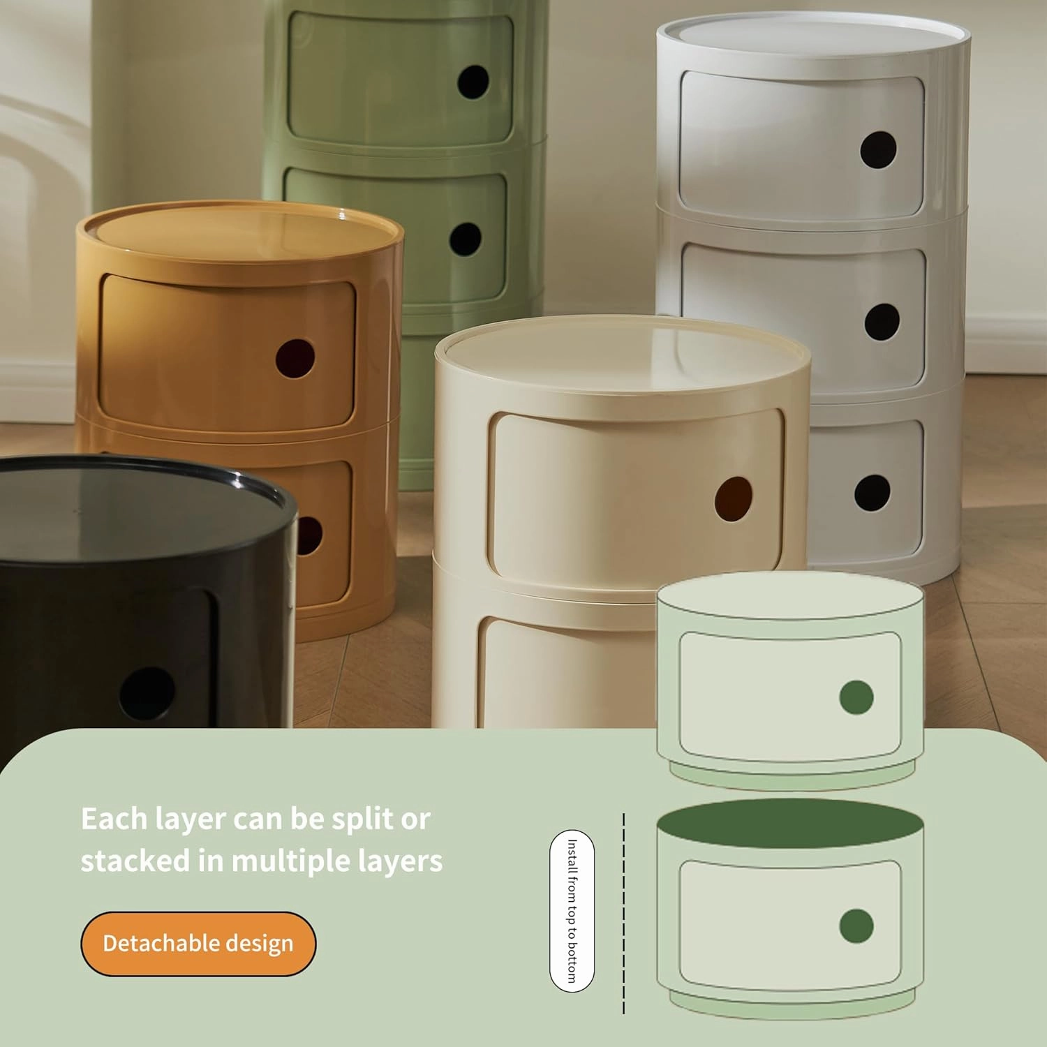 Round Nightstand with 3 Drawers, Modern Style Side Table, Multifunctional End Table Storage Cabinet for Living Room, Bedroom, Bathroom (Beige)