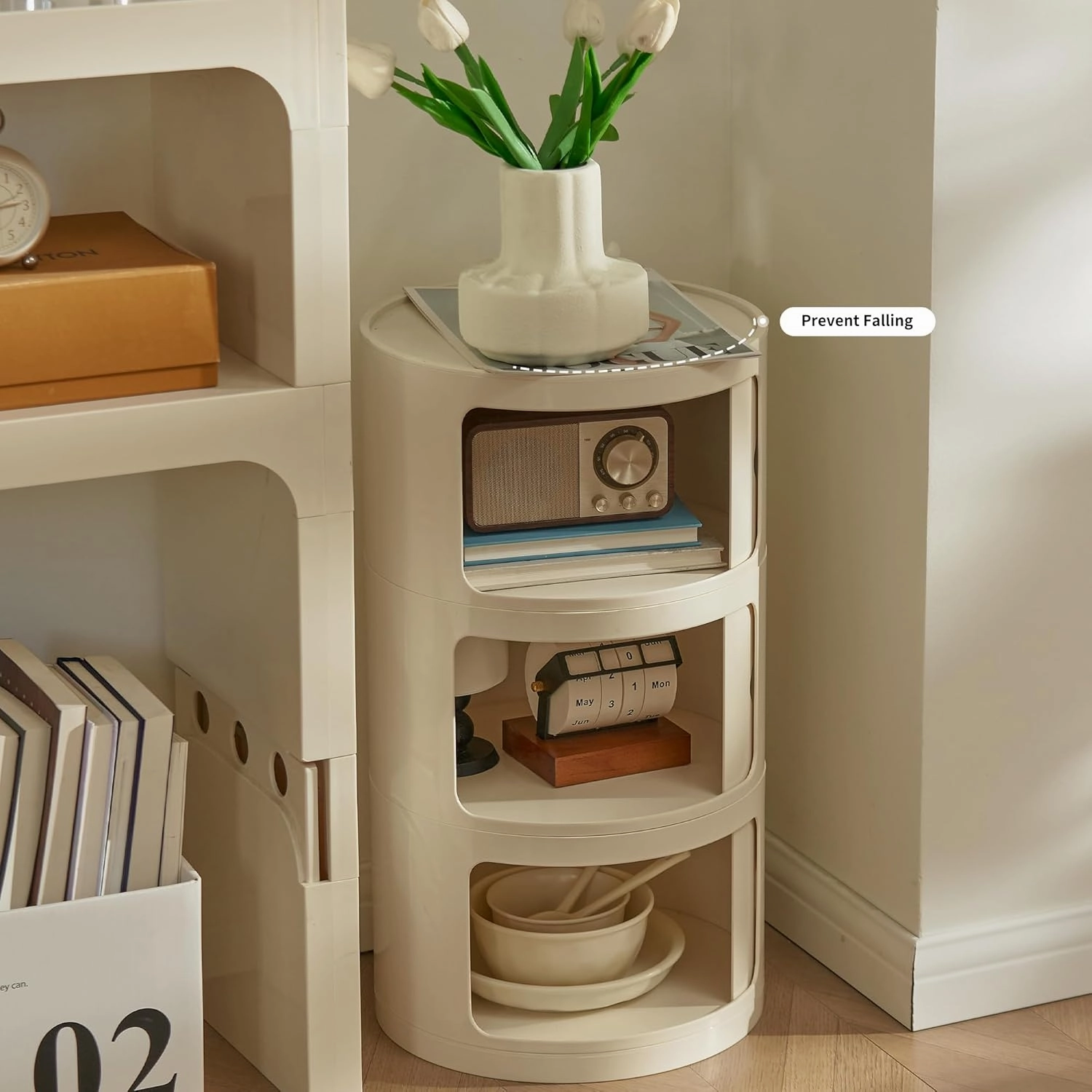 Round Nightstand with 3 Drawers, Modern Style Side Table, Multifunctional End Table Storage Cabinet for Living Room, Bedroom, Bathroom (Beige)