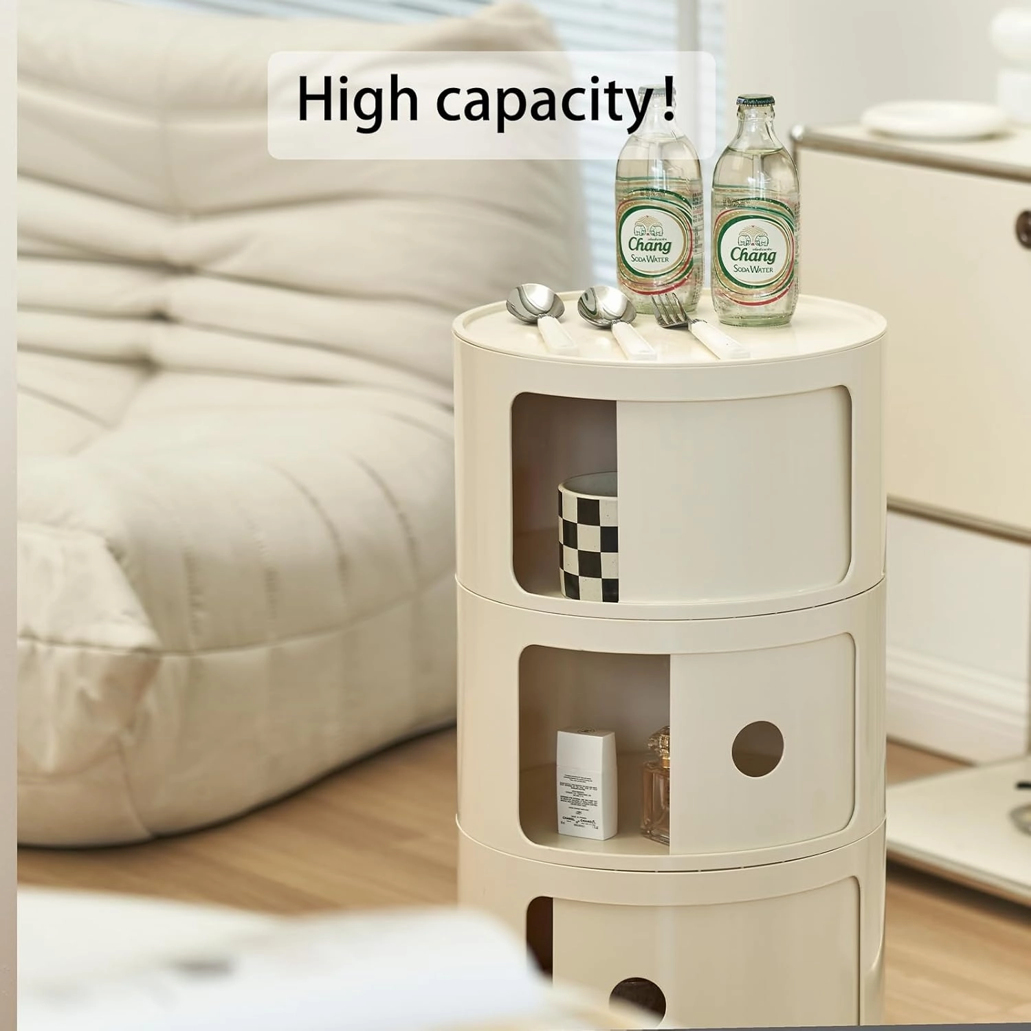 Round Nightstand with 3 Drawers, Modern Style Side Table, Multifunctional End Table Storage Cabinet for Living Room, Bedroom, Bathroom (White)