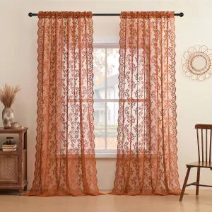 Rust Terracotta Lace Curtains 96 Inches Long 2 Panels Country Lace Sheer Curtains for Living Room Bedroom Rod Pocket Light Filtering Vintage French Drapes Pumpkin Fall Autumn Window Decor, 52x96