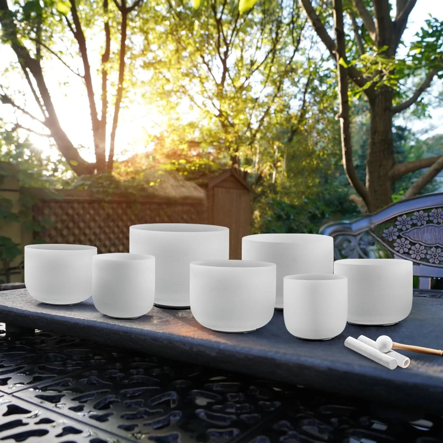 RYAN DVAN 432 hz 7-12 Inch Set of 7 Frosted Quartz Crystal Singing Bowl Chakra Set with Free 2 pcs Carrying Case