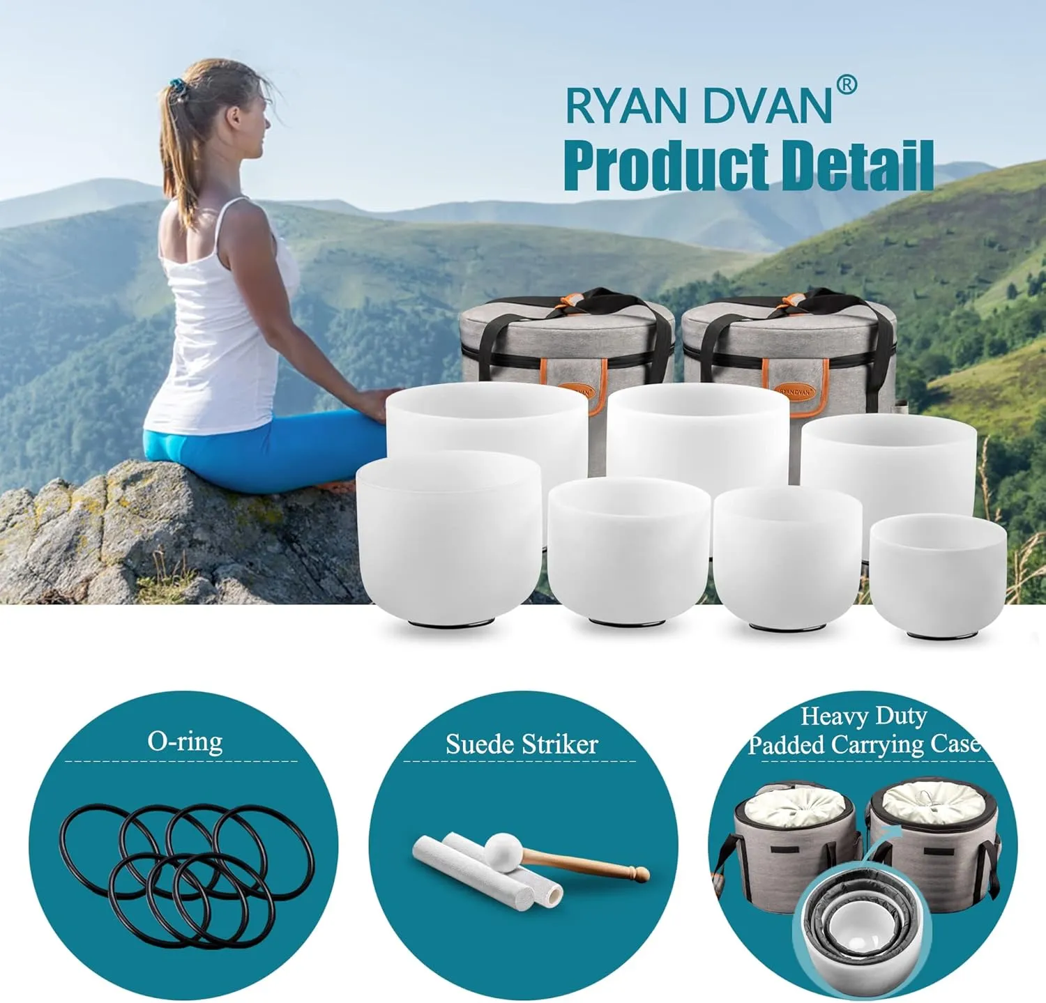 RYAN DVAN 432 hz 7-12 Inch Set of 7 Frosted Quartz Crystal Singing Bowl Chakra Set with Free 2 pcs Carrying Case