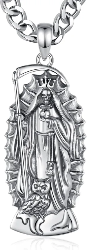 S925 Sterling Silver Santa Muerte Necklace for Men Women, Vintage Santa Muerte Holy Death Pendant Amulet Skull Grim Reaper Jewelry Original Gifts for Women Mens, 22 2inch