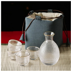 Sake Set Japanese with Storage Bag, Glass Sake Pot Sake Cup Transparent Modern Used for Home Party and Great Gifts 4 Sake Cups  1Sake Pot (Green A)