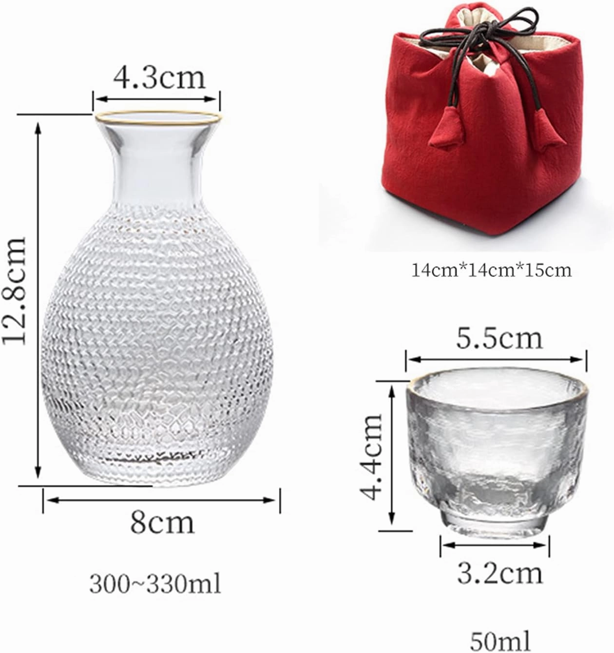 Sake Set Japanese with Storage Bag, Glass Sake Pot Sake Cup Transparent Modern Used for Home Party and Great Gifts 4 Sake Cups  1Sake Pot (Green A)