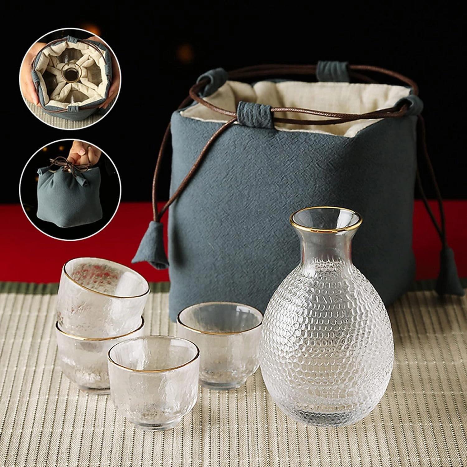 Sake Set Japanese with Storage Bag, Glass Sake Pot Sake Cup Transparent Modern Used for Home Party and Great Gifts 4 Sake Cups  1Sake Pot (Green A)