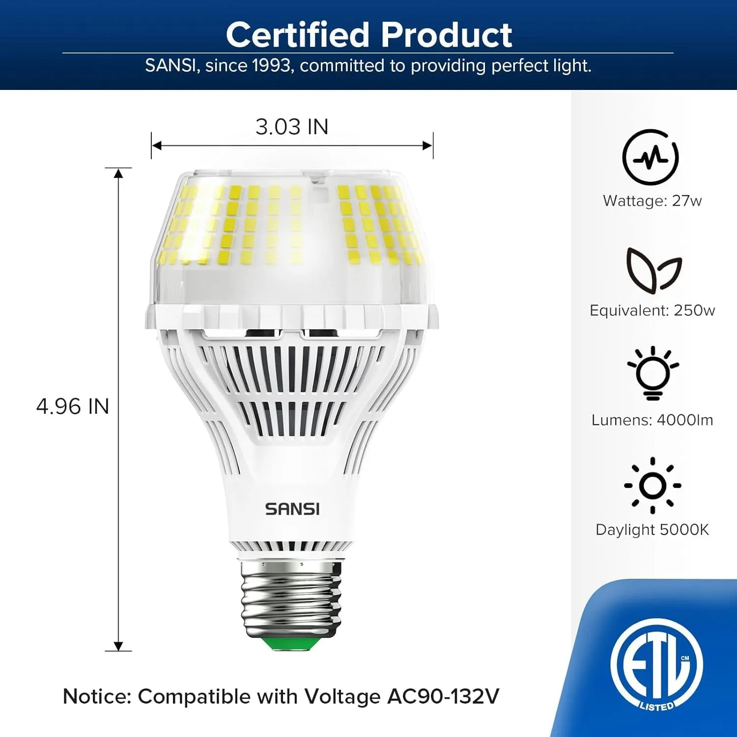 SANSI Dimmable LED Light Bulbs 250 Watt Equivalent, 4000 Lumens 5000K Dimmable Bright Daylight A21 E26 Bright LED Bulbs, 2 Pack, 22-Year Lifetime, 27W Power Energy Saving Light Bulbs for Home Office