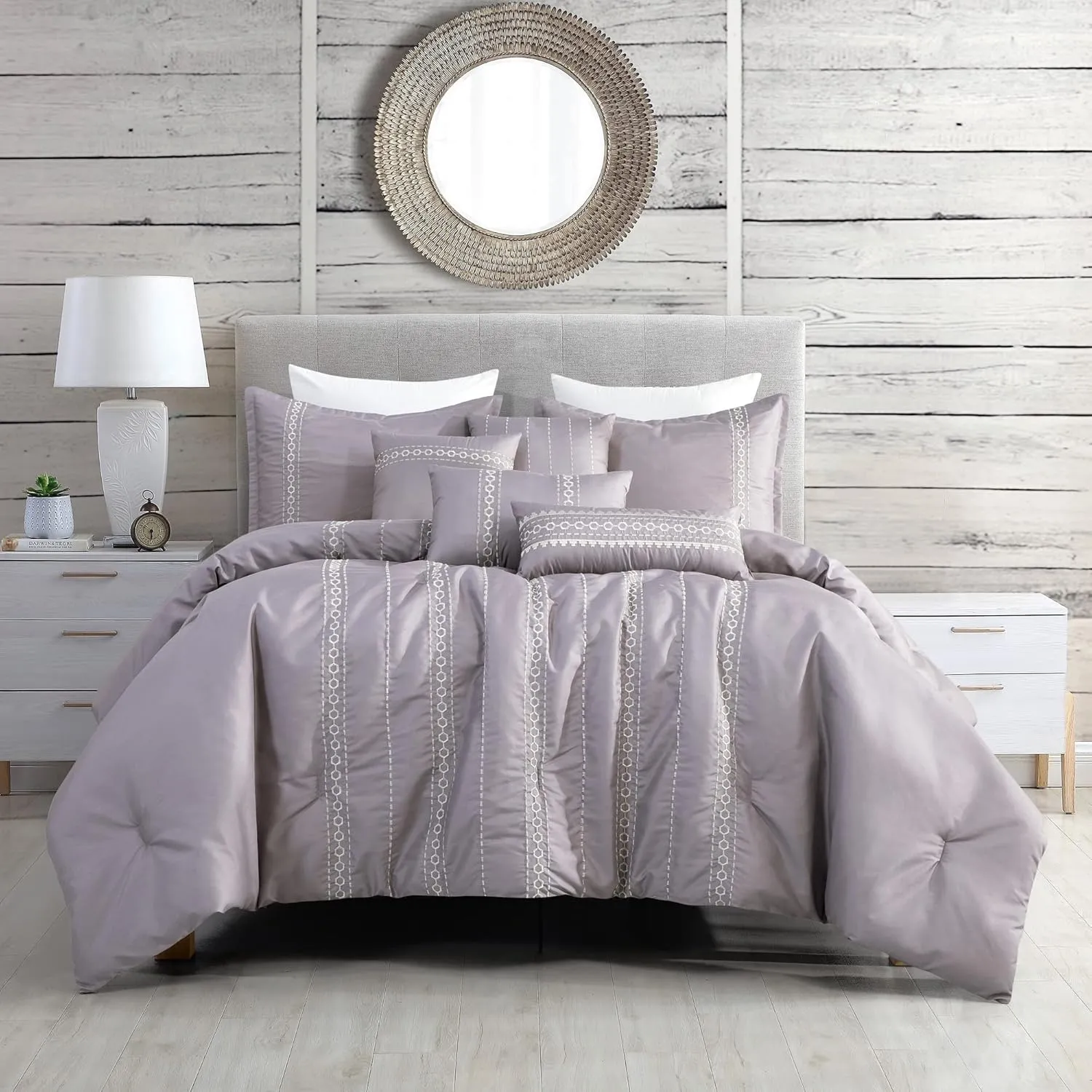 Sapphire Home Luxury 7 Piece Full/Queen Comforter Set with Shams Cushions, Modern Bright Lilac White Artistic Elegant Embro Hexagonal-Imaginary Lines Design, Bed Cover Bed in a Bag(22187V, Laguna,F/Q)