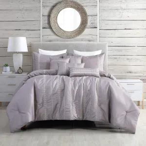 Sapphire Home Luxury 7 Piece Full/Queen Comforter Set with Shams Cushions, Modern Bright Lilac White Artistic Elegant Embro Hexagonal-Imaginary Lines Design, Bed Cover Bed in a Bag(22187V, Laguna,F/Q)