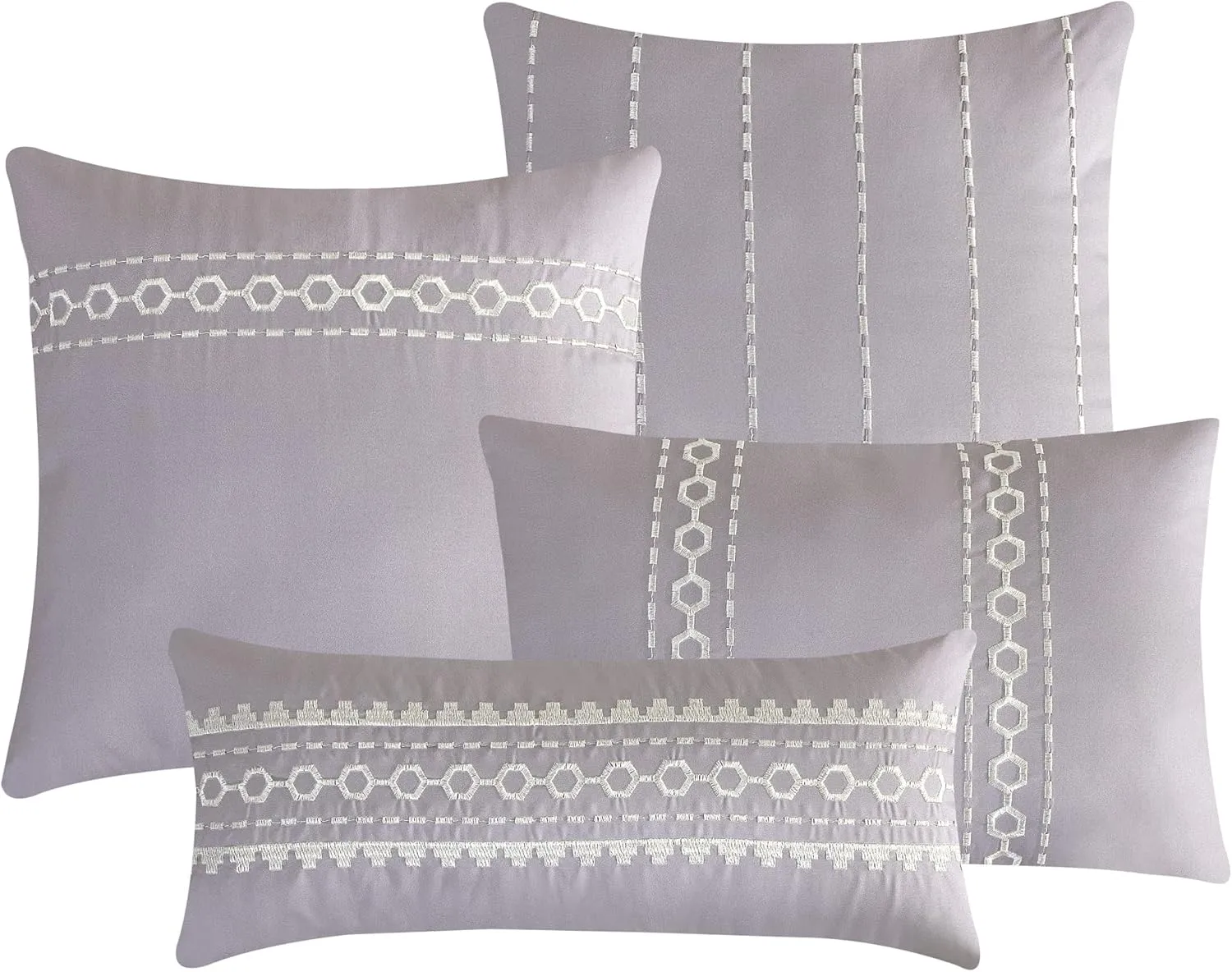 Sapphire Home Luxury 7 Piece Full/Queen Comforter Set with Shams Cushions, Modern Bright Lilac White Artistic Elegant Embro Hexagonal-Imaginary Lines Design, Bed Cover Bed in a Bag(22187V, Laguna,F/Q)