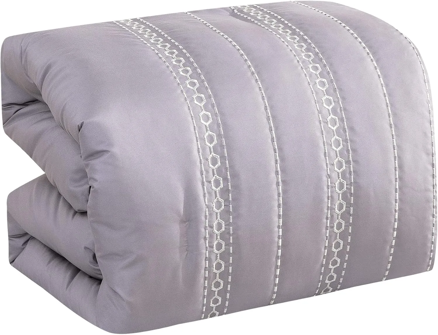 Sapphire Home Luxury 7 Piece Full/Queen Comforter Set with Shams Cushions, Modern Bright Lilac White Artistic Elegant Embro Hexagonal-Imaginary Lines Design, Bed Cover Bed in a Bag(22187V, Laguna,F/Q)