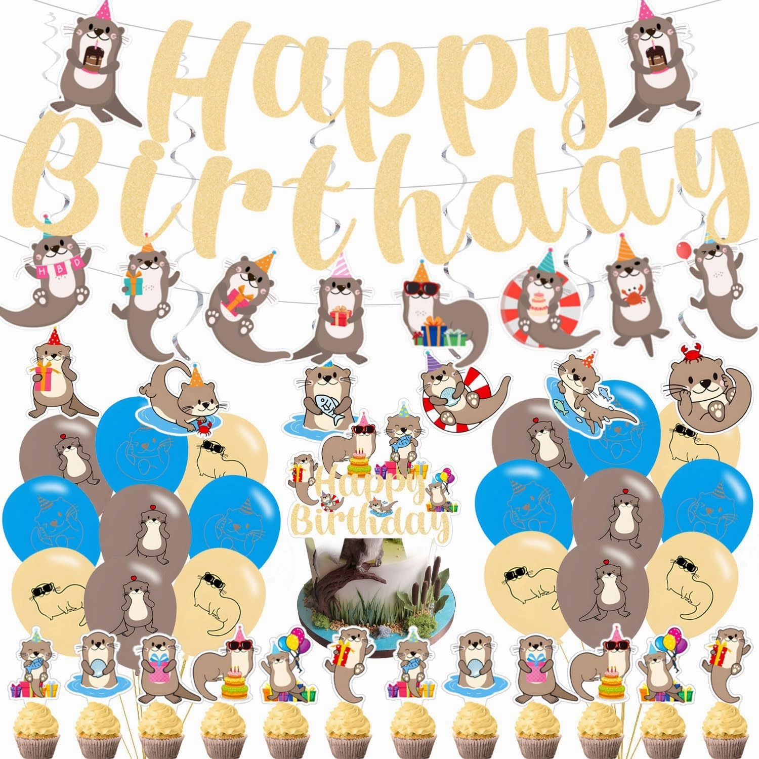 Sea Otter Birthday Party Decorations,Sea Otter Party Decorations Happy Birthday Banner, Balloons,Hanging Swirls,Cake and Cupcake Toppers for Party Decor Gifts