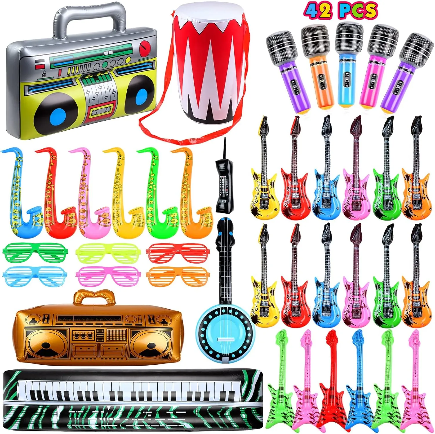 Seematn 42 Pcs Inflatable Rock Star Toy Set, Inflatable Party Props Musical Instrument 80s 90s Theme Party Decorations Including Blow up Guitars Bass Guitar Saxophone Microphones and More