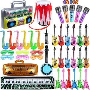 Seematn 42 Pcs Inflatable Rock Star Toy Set, Inflatable Party Props Musical Instrument 80s 90s Theme Party Decorations Including Blow up Guitars Bass Guitar Saxophone Microphones and More
