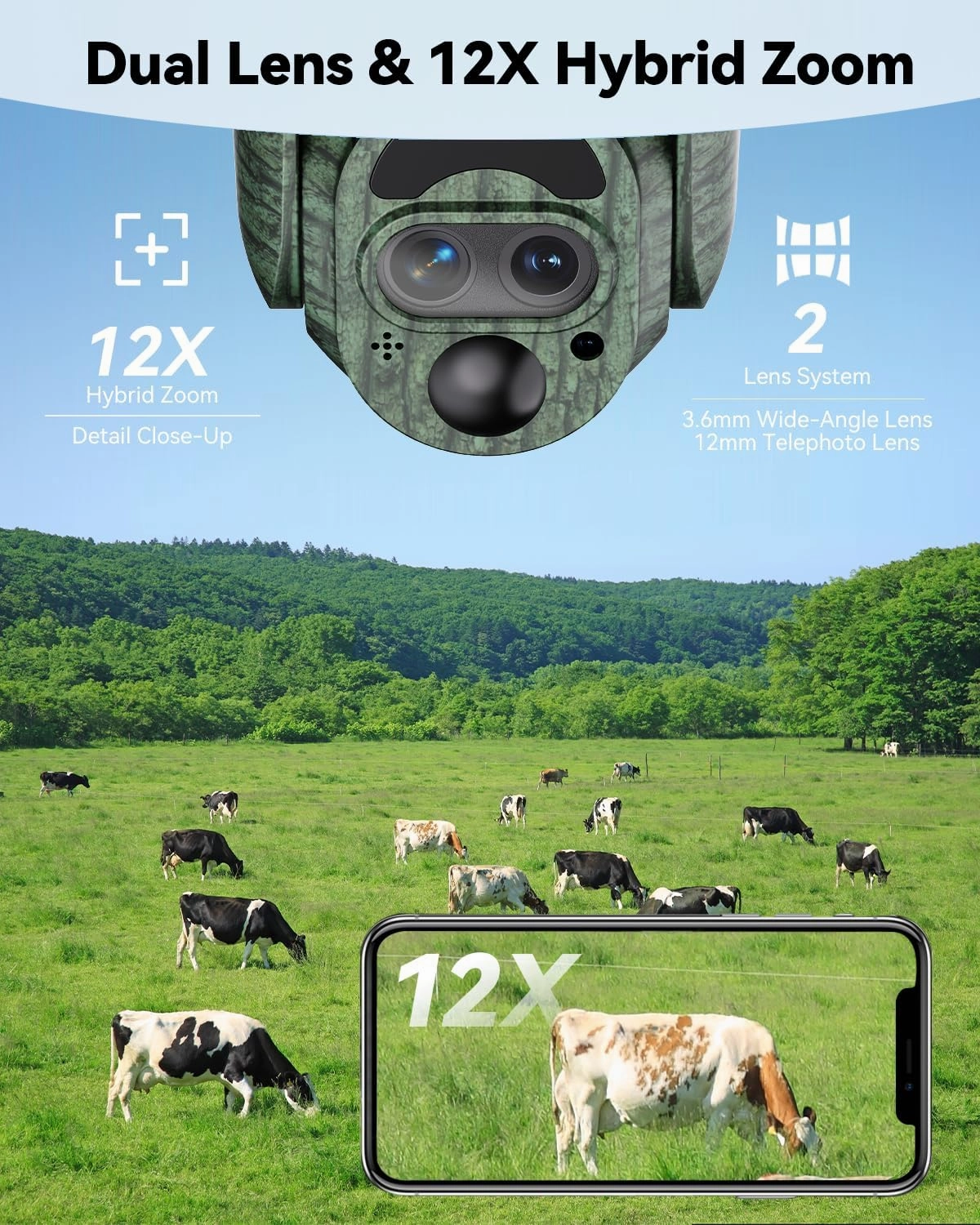 SEHMUA Cellular Trail Cameras, 4G LTE Cellular Security Camera with 12X Hybrid Zoom 2K 360° View Live Video, Unlimited Data Plan Game Camera No Glow IR, Solar Powered, Motion Activate