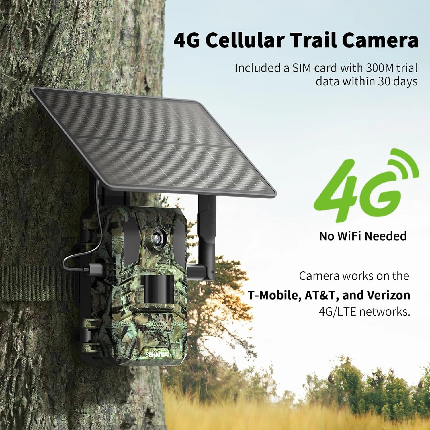 SEHMUA Trail Camera Cellular Trail Cameras 2.7K Live Streaming 4G LTE Cellular Gen 3rd Solar Powered Game Camera Remote Phone Access Playback Motion Activated 0.2s Trigger Time Green