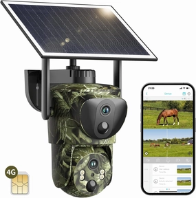 SEHMUA Trail Cameras Dual Lens Linkage Security Camera, 4G Unlimited Data Plan Cellular Trail Camera 2K Live Video Game Cameras with Night Vision Motion Activated IP66 Waterproof Solar Powered Cam