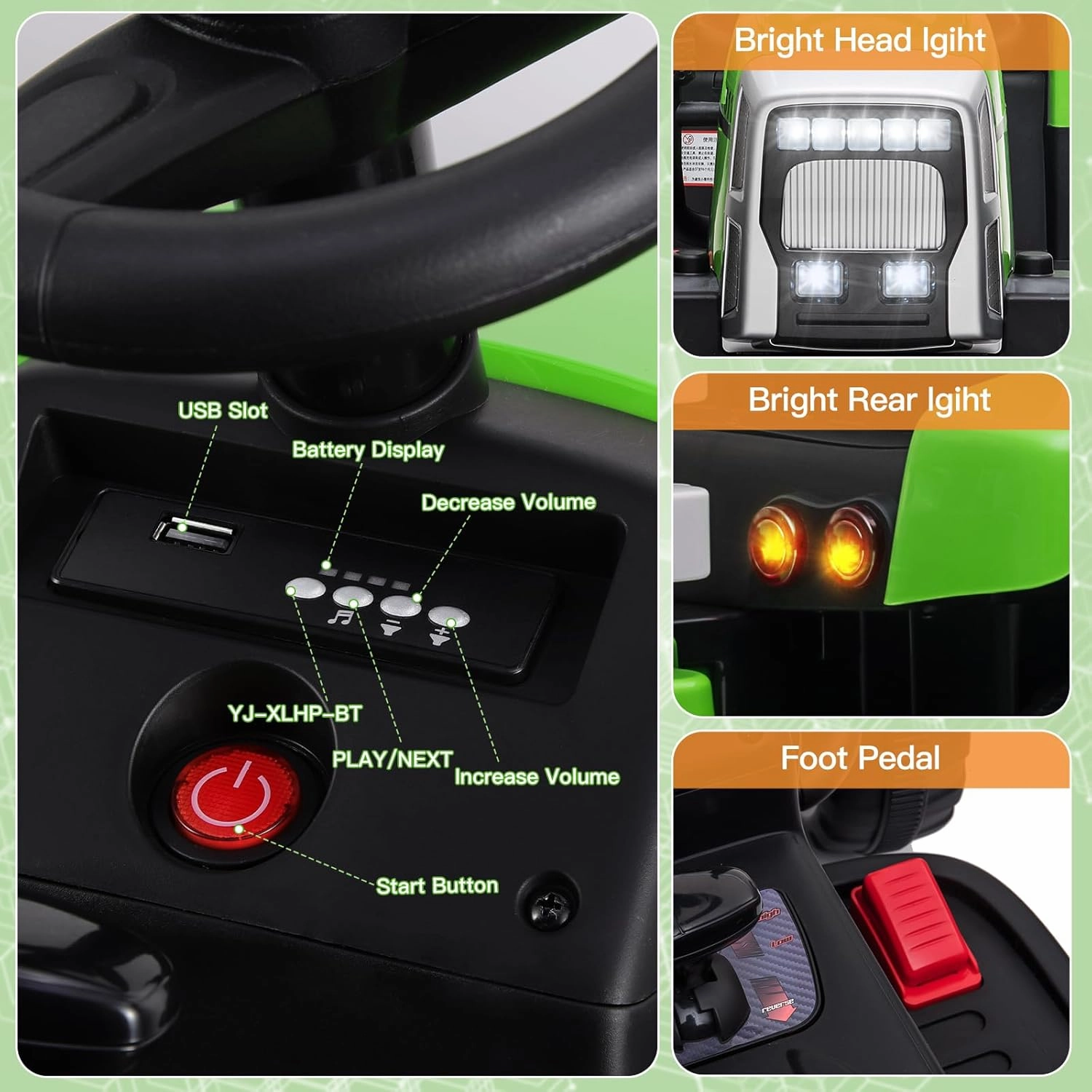 SEHOMY Kids Ride on Tractor with Trailer and 25W Dual Motors, 12V Battery Powered Electric Kids Car Vehicle Toys with Remote, 3-Gear-Shift, Music, LED Lights,USB, Power Wheels for Boys Green