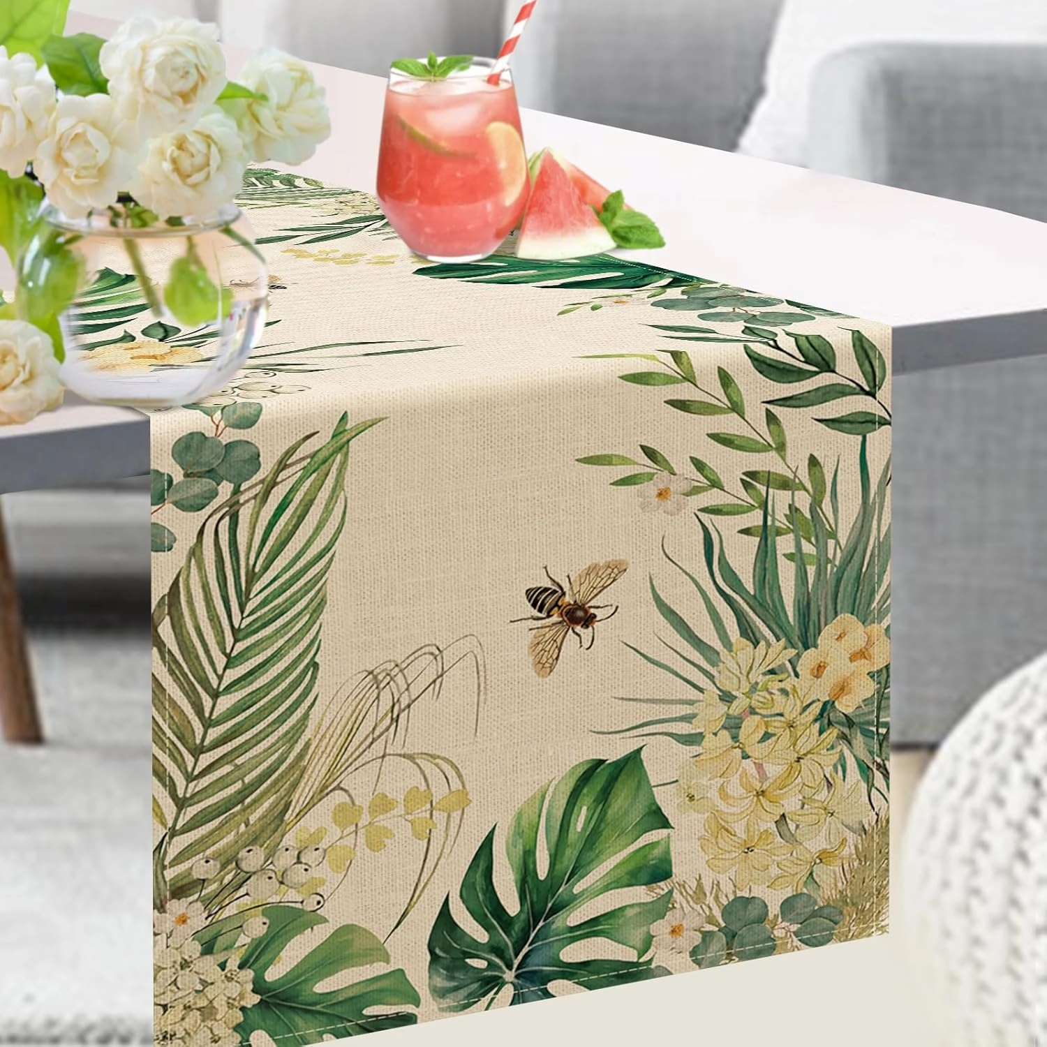 Seliem Spring Summer Palm Leaves Table Runner, Tropical Green Plant Monstera Flower Bee Kitchen Dining Table Decor, Hawaii Seasonal Burlap Home Decoration Indoor Outdoor Party Supply 13 x 72 Inch