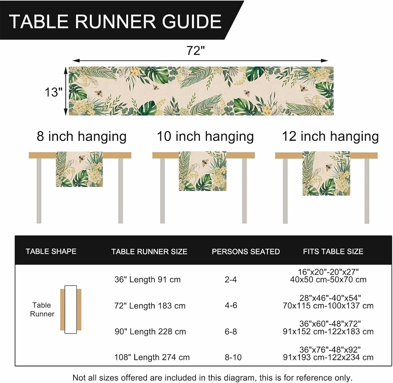 Seliem Spring Summer Palm Leaves Table Runner, Tropical Green Plant Monstera Flower Bee Kitchen Dining Table Decor, Hawaii Seasonal Burlap Home Decoration Indoor Outdoor Party Supply 13 x 72 Inch