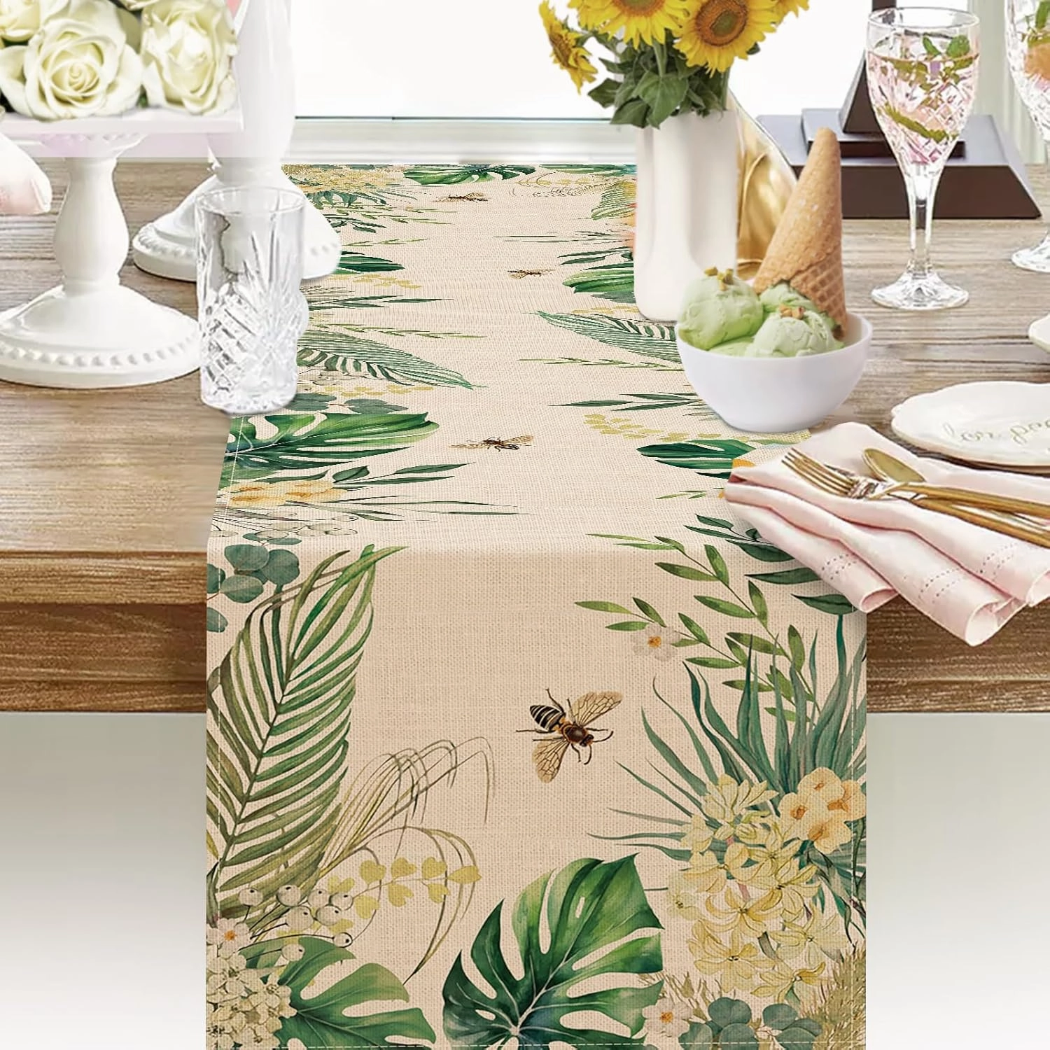 Seliem Spring Summer Palm Leaves Table Runner, Tropical Green Plant Monstera Flower Bee Kitchen Dining Table Decor, Hawaii Seasonal Burlap Home Decoration Indoor Outdoor Party Supply 13 x 72 Inch