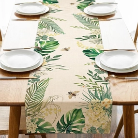 Seliem Spring Summer Palm Leaves Table Runner, Tropical Green Plant Monstera Flower Bee Kitchen Dining Table Decor, Hawaii Seasonal Burlap Home Decoration Indoor Outdoor Party Supply 13 x 72 Inch
