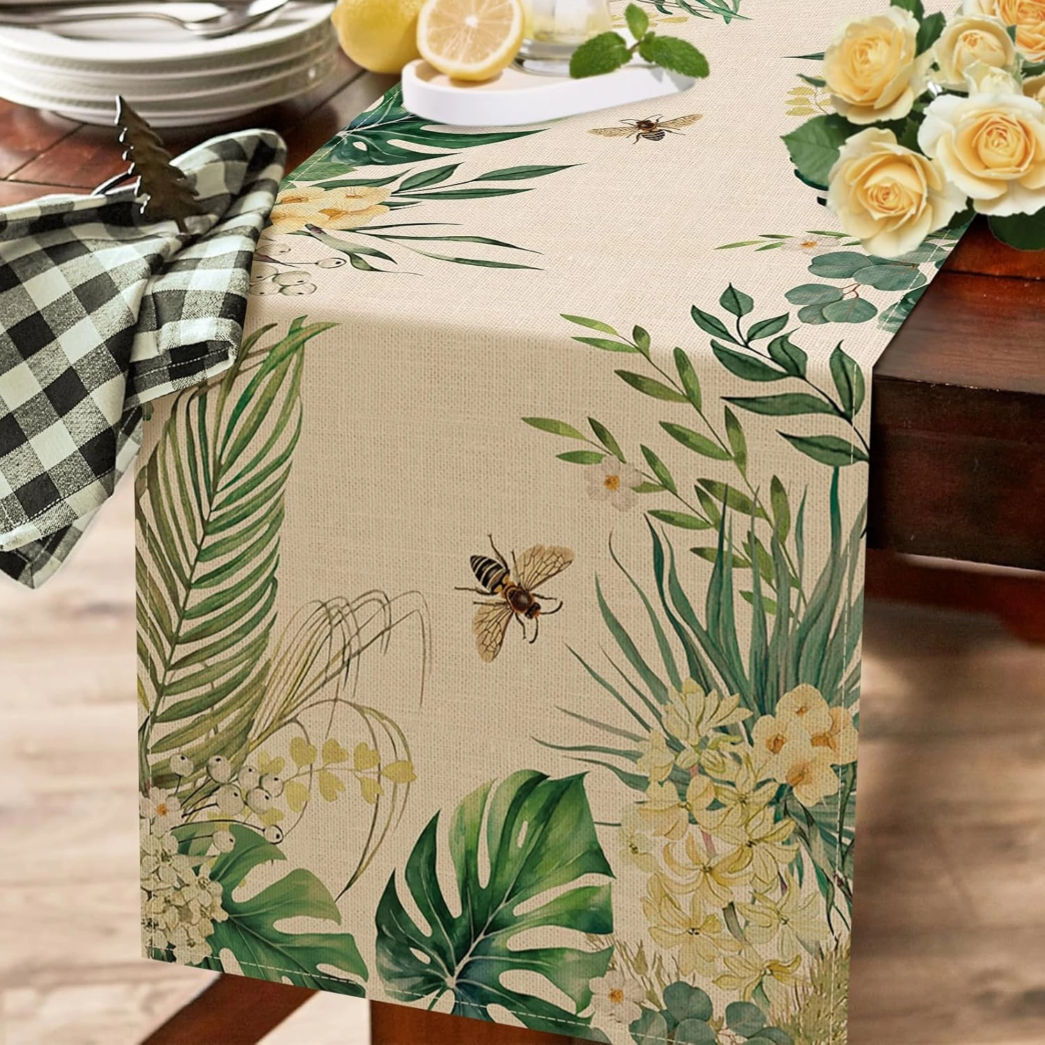 Seliem Spring Summer Palm Leaves Table Runner, Tropical Green Plant Monstera Flower Bee Kitchen Dining Table Decor, Hawaii Seasonal Burlap Home Decoration Indoor Outdoor Party Supply 13 x 72 Inch