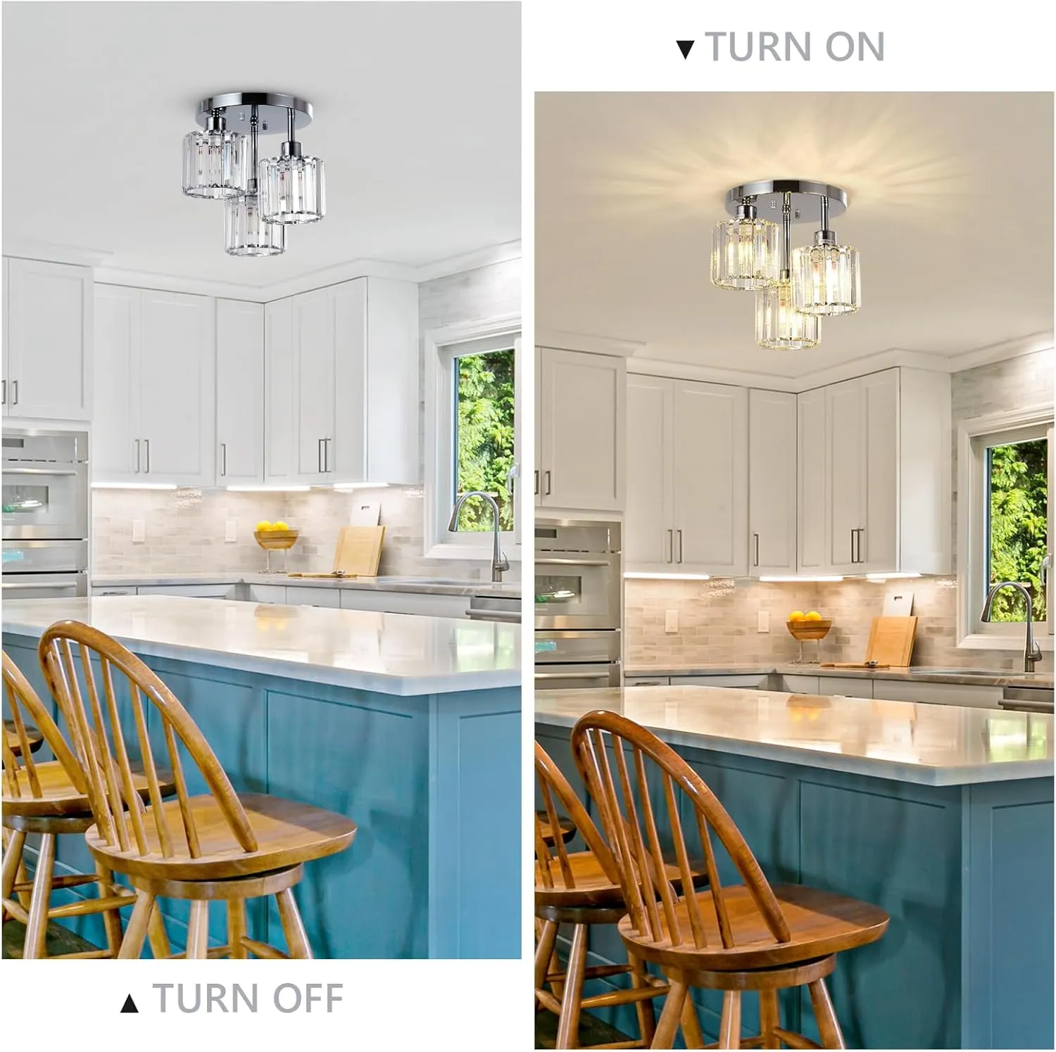 Semi Flush Mount Ceiling Light,3-Light Modern Close to Ceiling Light Fixtures,Kitchen Light with Clear Crystal Shades, Hallway Light Fixtures for Kitchen Entryway Bedroom Bathroom Foyer