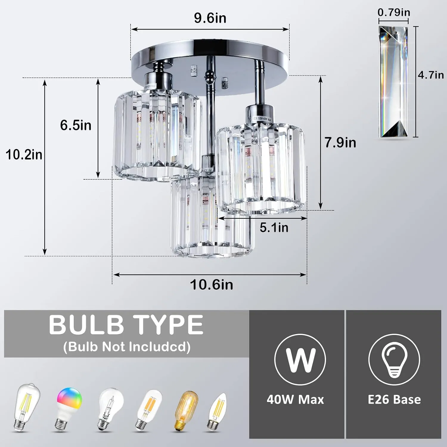 Semi Flush Mount Ceiling Light,3-Light Modern Close to Ceiling Light Fixtures,Kitchen Light with Clear Crystal Shades, Hallway Light Fixtures for Kitchen Entryway Bedroom Bathroom Foyer