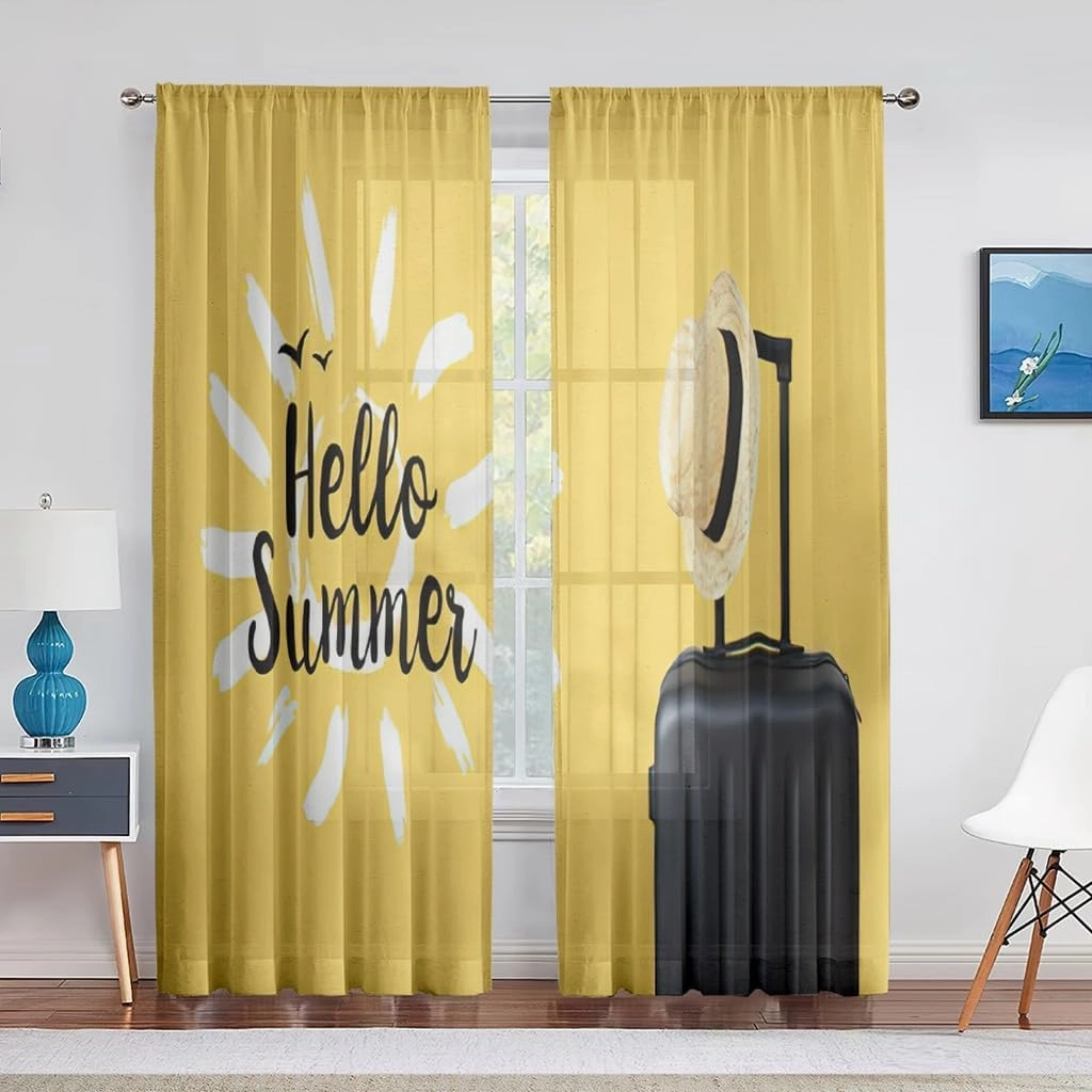 Semi Sheer Hello Summer Curtains Holidays Vacation Travel Suitcase Luggage Bag Privacy Light Filtering Rod Pocket Curtains for Bedroom Living Room(52" W x 84" L, 2 Panels)
