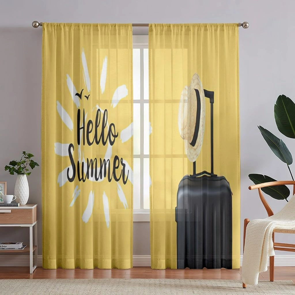 Semi Sheer Hello Summer Curtains Holidays Vacation Travel Suitcase Luggage Bag Privacy Light Filtering Rod Pocket Curtains for Bedroom Living Room(52" W x 84" L, 2 Panels)