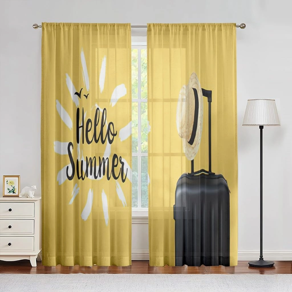 Semi Sheer Hello Summer Curtains Holidays Vacation Travel Suitcase Luggage Bag Privacy Light Filtering Rod Pocket Curtains for Bedroom Living Room(52" W x 84" L, 2 Panels)