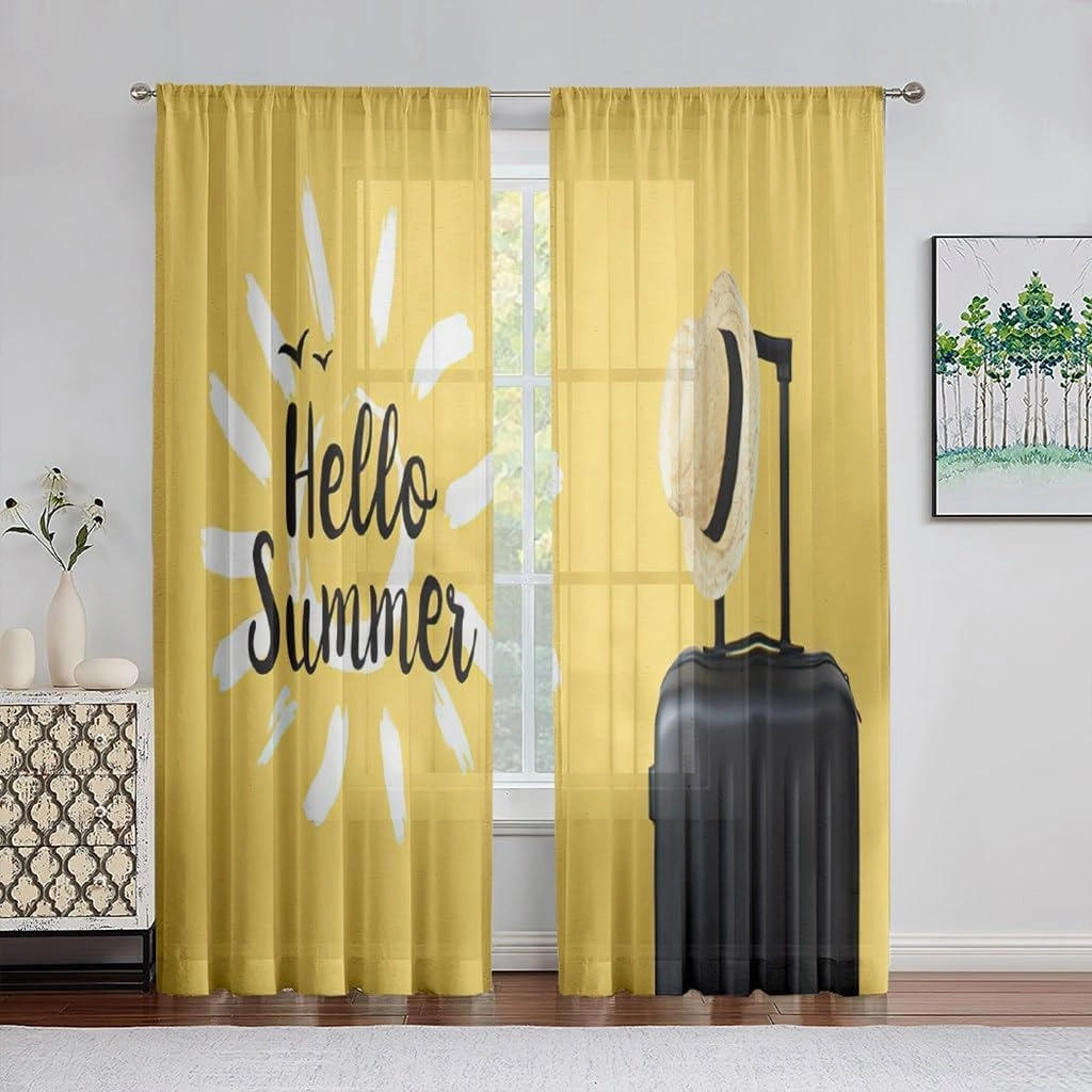 Semi Sheer Hello Summer Curtains Holidays Vacation Travel Suitcase Luggage Bag Privacy Light Filtering Rod Pocket Curtains for Bedroom Living Room(52" W x 84" L, 2 Panels)