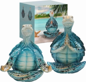 Set of 2 Sea Turtle Yoga Figurines - Summer Meditating Turtle Decor for Spring Garden, Home Office Decorations