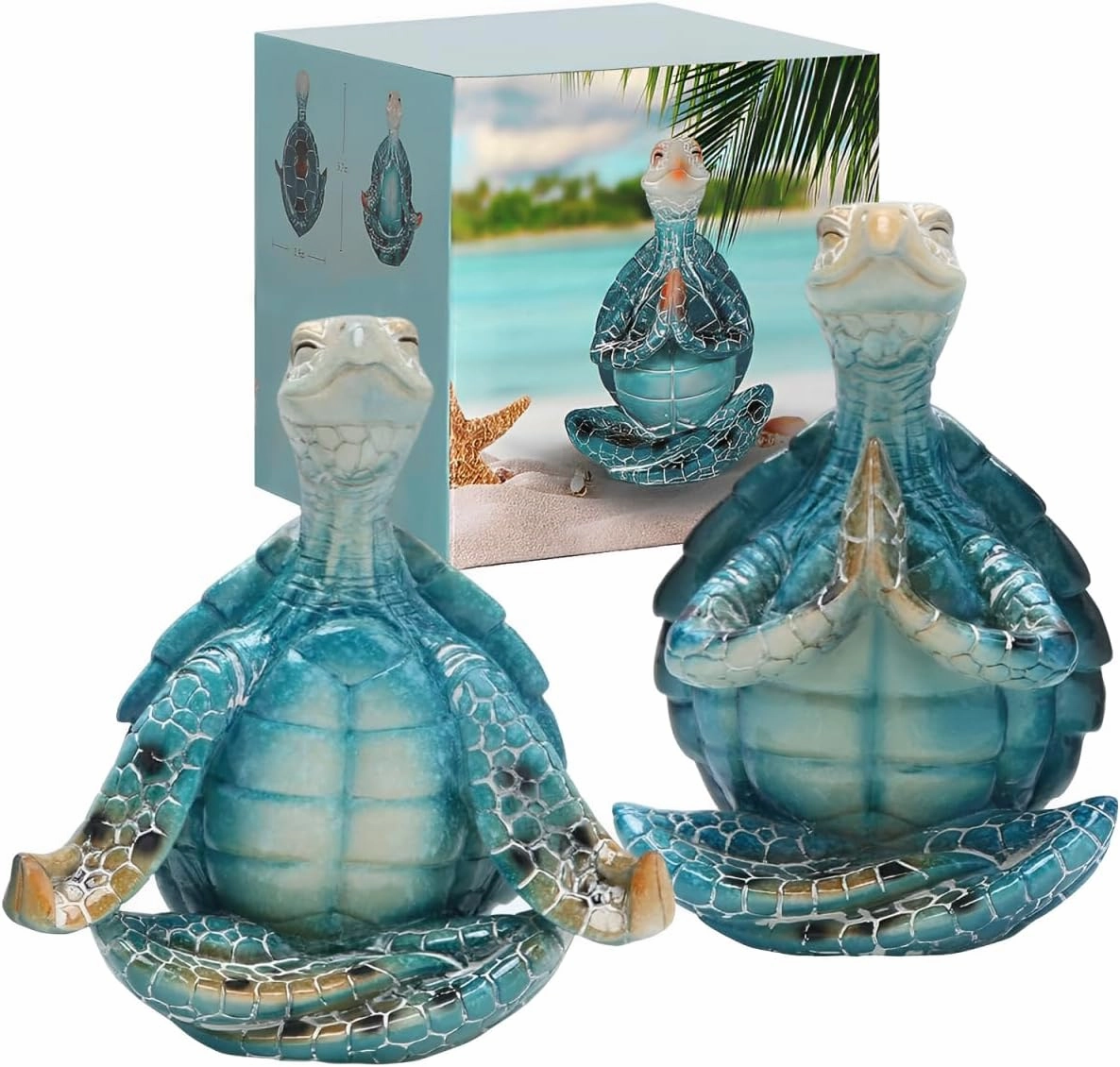 Set of 2 Sea Turtle Yoga Figurines - Summer Meditating Turtle Decor for Spring Garden, Home Office Decorations