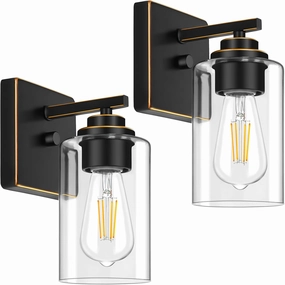 Set of 2 Wall Sconces for Bathroom, Modern Vanity Light Fixtures, Bronze Wall Mount Lighting Lanterns, Farmhouse Wall Lights with Clear Glass Shade for Bedroom Living Room Mirror Hallway Kitchen